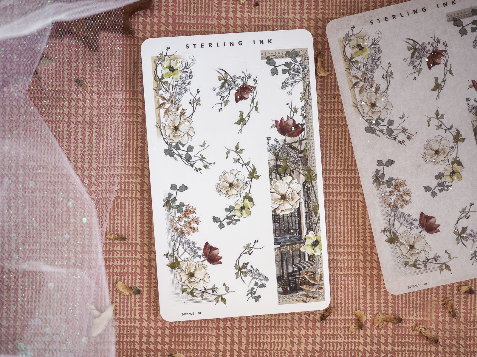 Elegant washi strip stickers featuring detailed black and white line art of botanical bouquets, lush foliage, and intricate architectural borders.