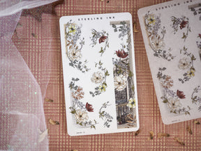 Elegant washi strip stickers featuring detailed black and white line art of botanical bouquets, lush foliage, and intricate architectural borders.