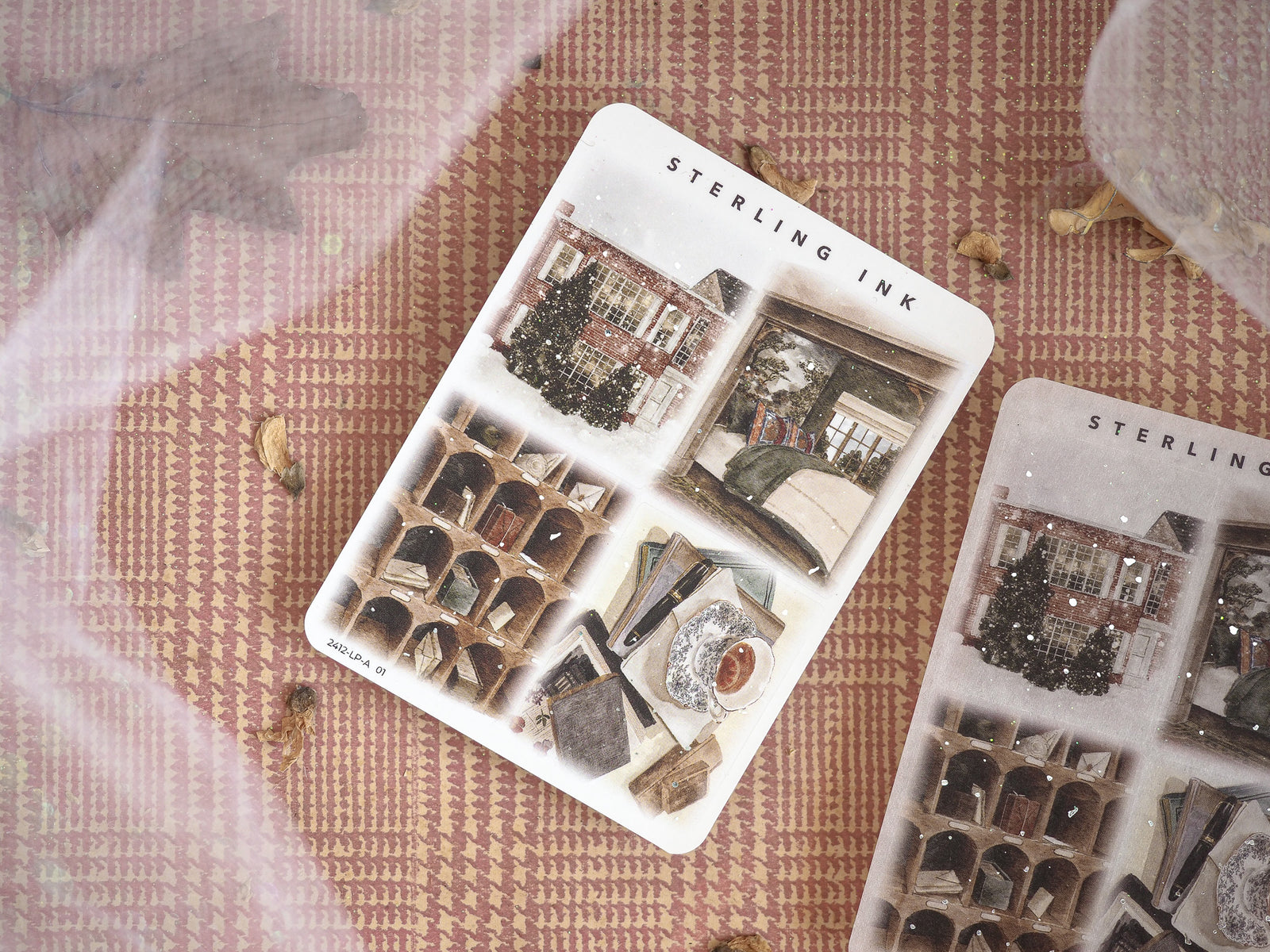 Vintage decorative sticker sheet displaying sepia-toned architectural illustrations, featuring quaint brick buildings and detailed historical window grilles.