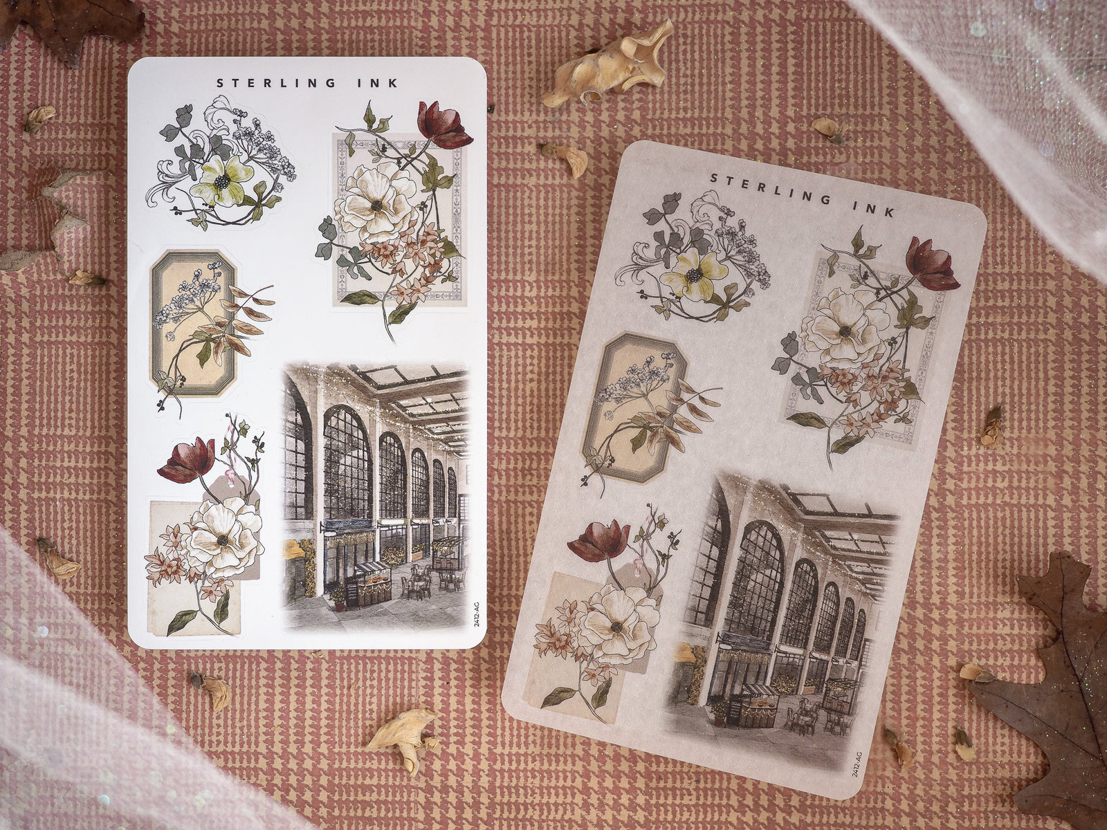 Sticker sheet featuring vintage botanical bouquets of roses and detailed engravings of ornate classical archways, ideal for journaling and scrapbooking.