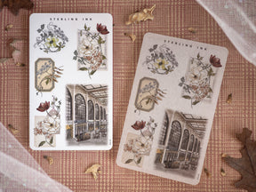 Sticker sheet featuring vintage botanical bouquets of roses and detailed engravings of ornate classical archways, ideal for journaling and scrapbooking.