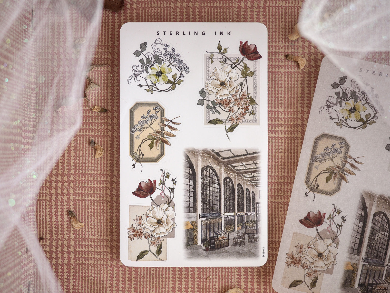 Vintage botanical sticker sheet displaying detailed floral bouquets, elegant wreaths, and an antique marketplace scene perfect for seasonal crafting.