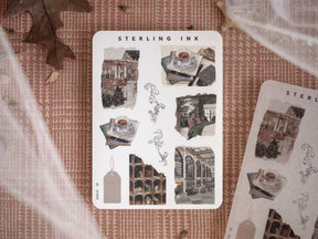 December 2024 Mini Elements sticker set featuring sepia-toned icons of vintage architecture, antique storefronts, and stacked books.