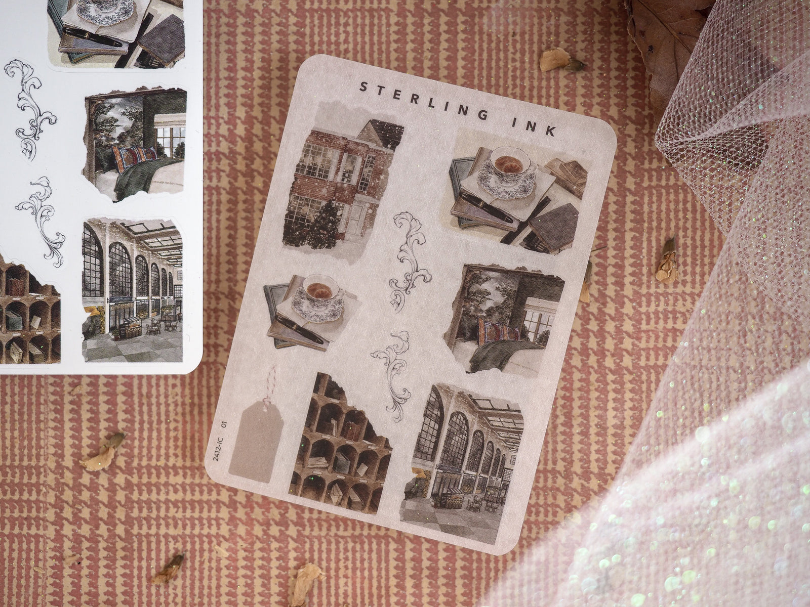 Vintage sepia-toned sticker sheet featuring various architectural icons, including charming storefronts and distressed building facades perfect for December journaling elements.