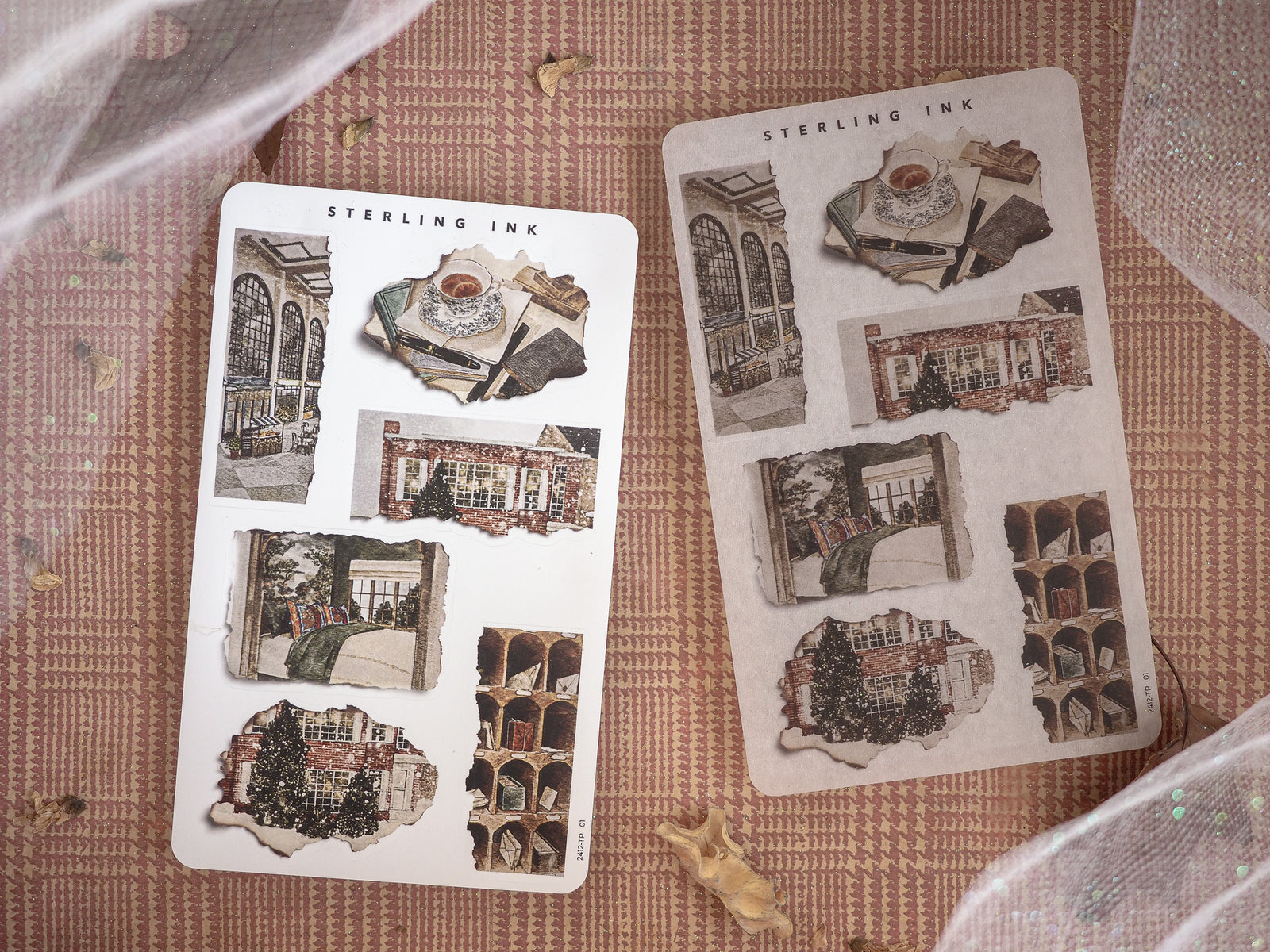 Vintage torn paper stickers featuring distressed sepia-toned architectural sketches of classic city buildings, perfect for journaling and scrapbooking.