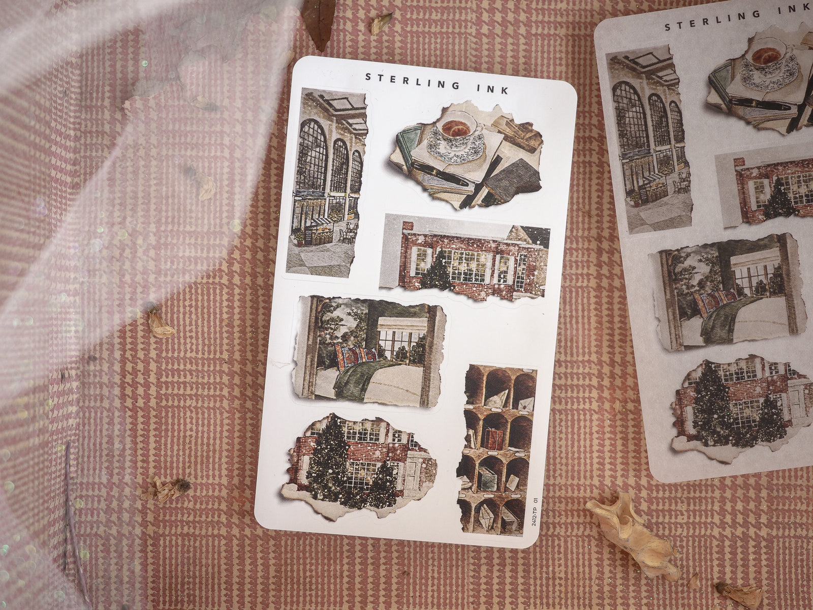 Vintage scrapbook-style stickers featuring torn edges and black and white architectural sketches of historical buildings, perfect for crafting and journaling.