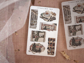 Vintage scrapbook-style stickers featuring torn edges and black and white architectural sketches of historical buildings, perfect for crafting and journaling.