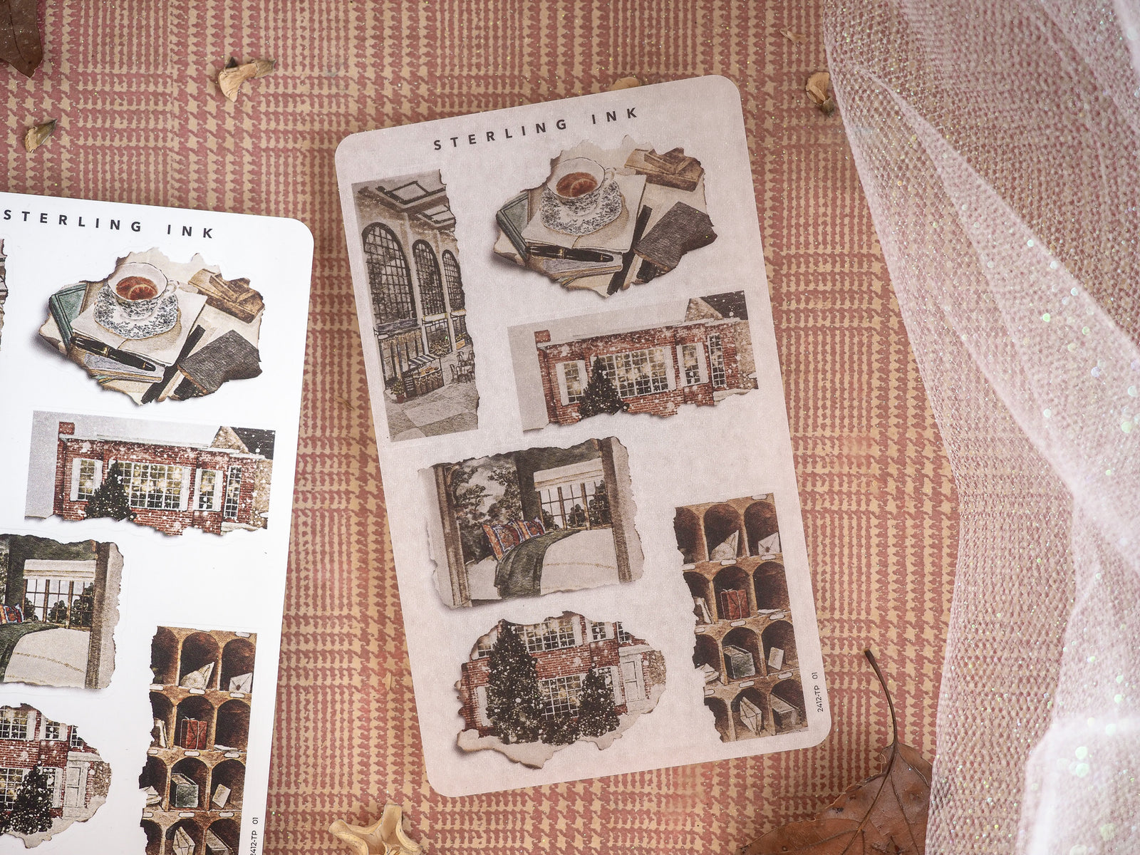 Collection of sepia-toned, vintage-style torn paper stickers showcasing festive December storefront architecture, perfect for holiday journaling and crafting.