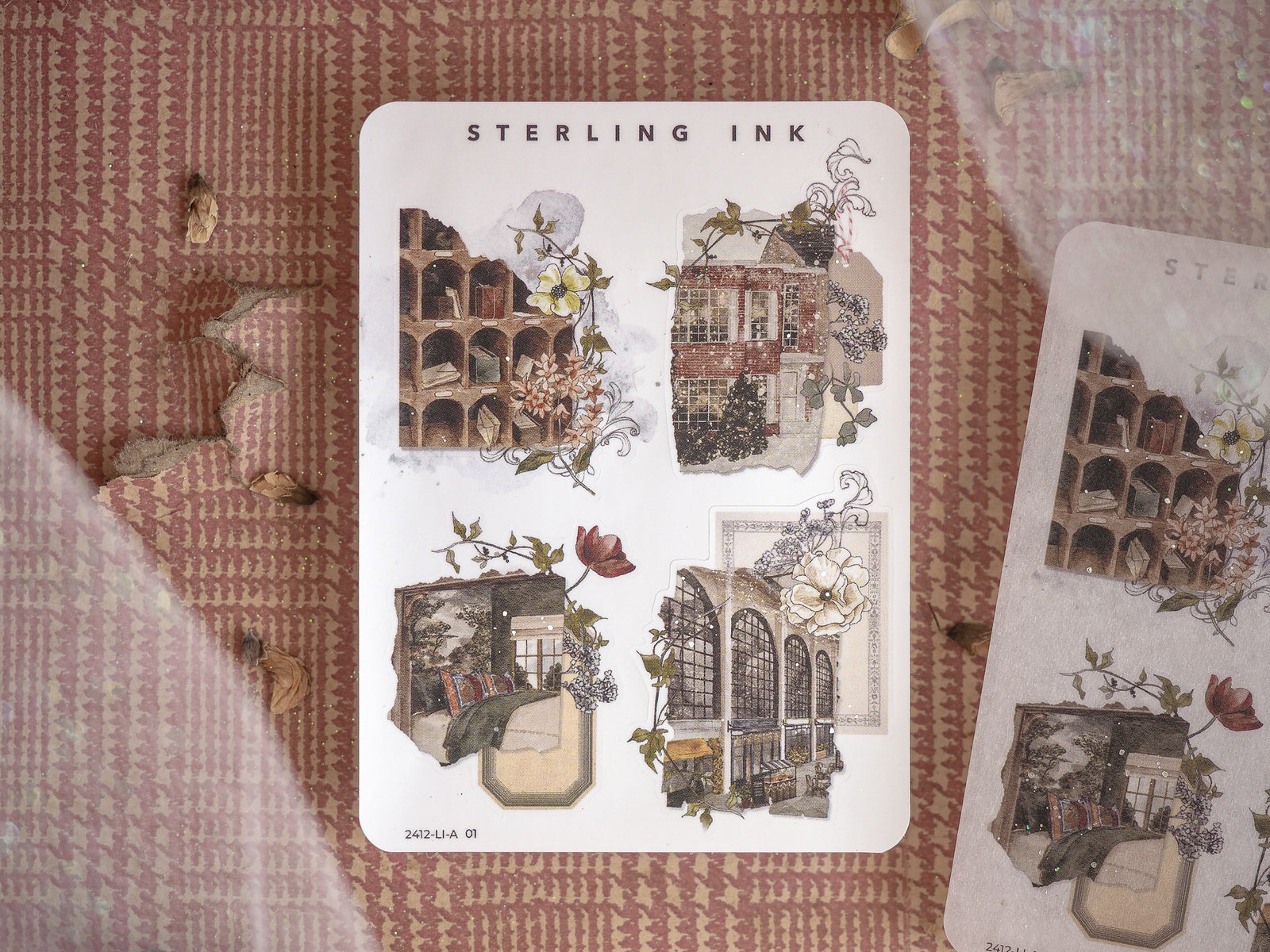 Vintage sticker sheet featuring detailed illustrations of historic European architecture, including crumbling brick facades and elaborate, decorative shopfronts.