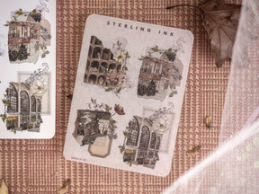 Detailed sticker sheet featuring vintage illustrations of classic brownstone architecture, arched windows, and elegant floral accents, perfect for seasonal journaling.
