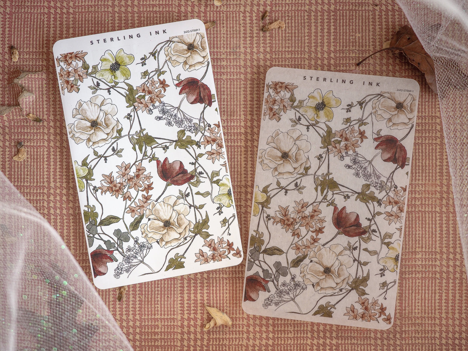 Watercolor sticker strip featuring an elegant botanical design with cream blooms, rich autumnal foliage, and detailed floral elements.