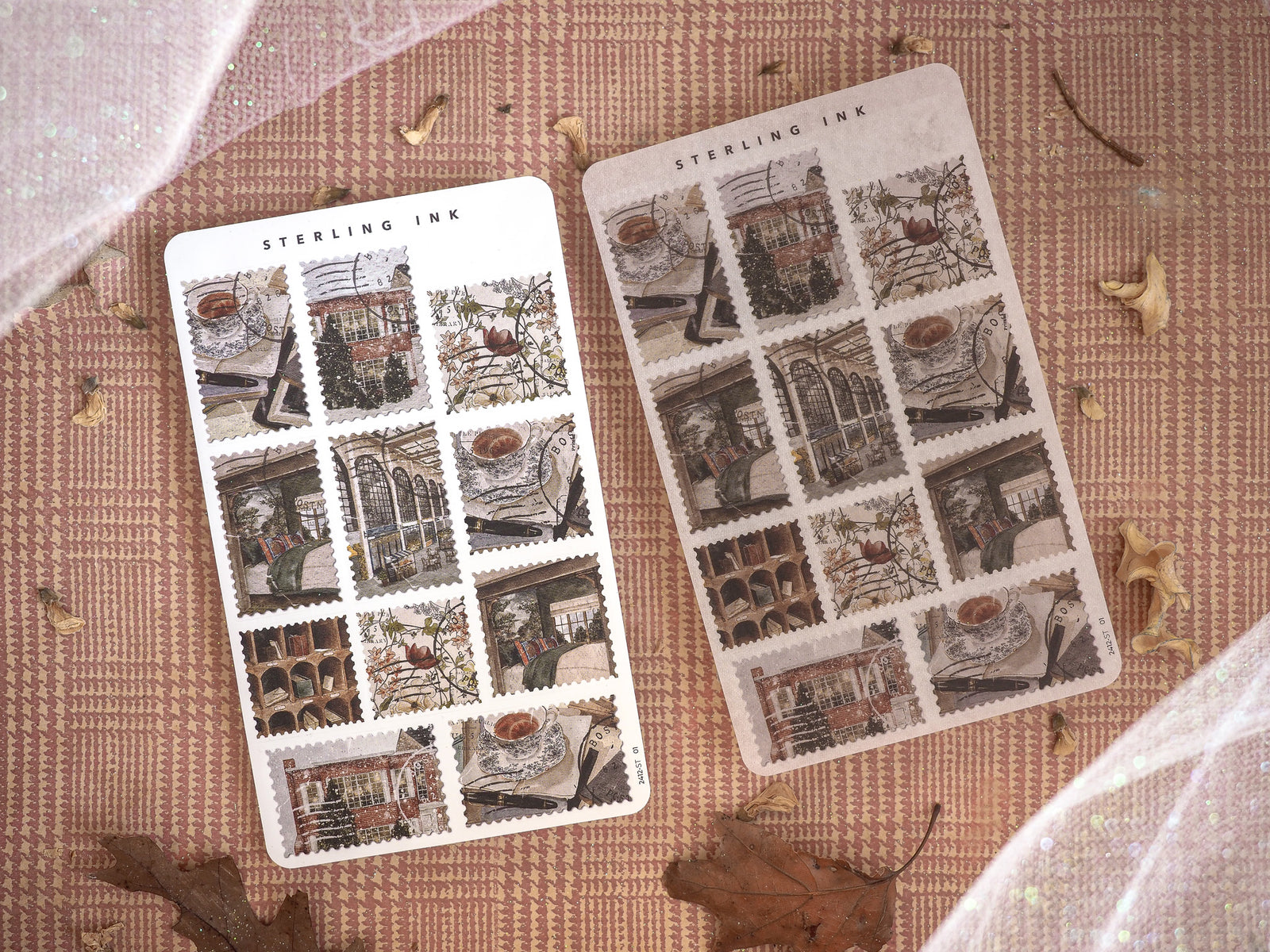 Detailed sheets of vintage, sepia-toned sticker ephemera featuring a grid of historic European architecture and detailed building scenes perfect for crafting and journaling.