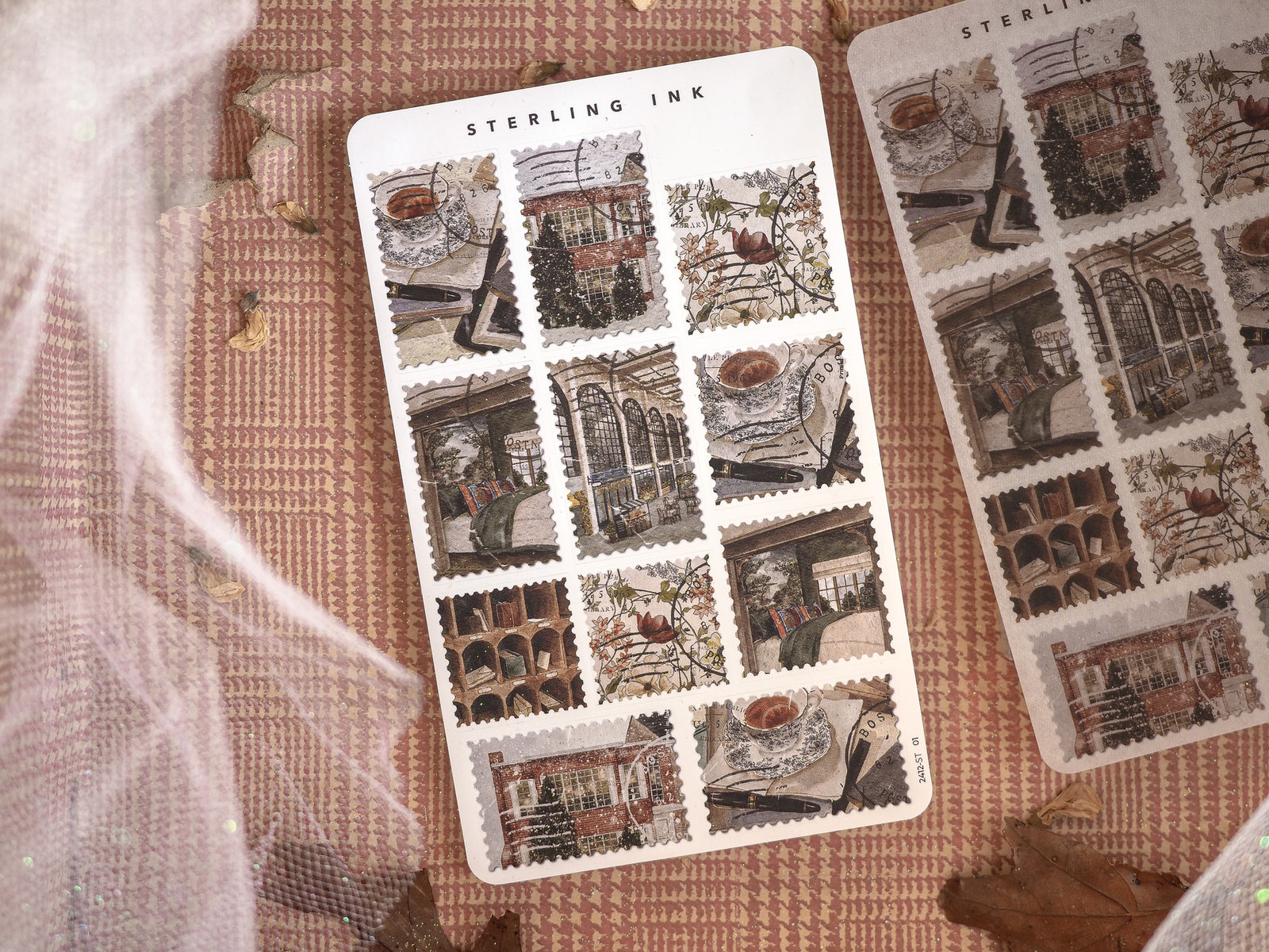 A sheet of vintage Christmas architectural stamps featuring detailed, sepia-toned illustrations of festive market scenes perfect for scrapbooking.