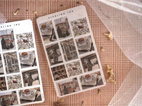 Vintage "Sterling Ink" sticker sheets for December 2024 featuring autumnal vignettes of historical European architecture and decorative fall motifs.
