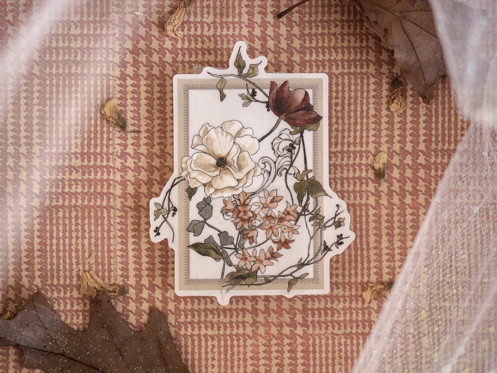 Elegant seasonal vinyl sticker featuring a detailed floral arrangement of creamy white, muted blush, and deep burgundy autumn blooms.