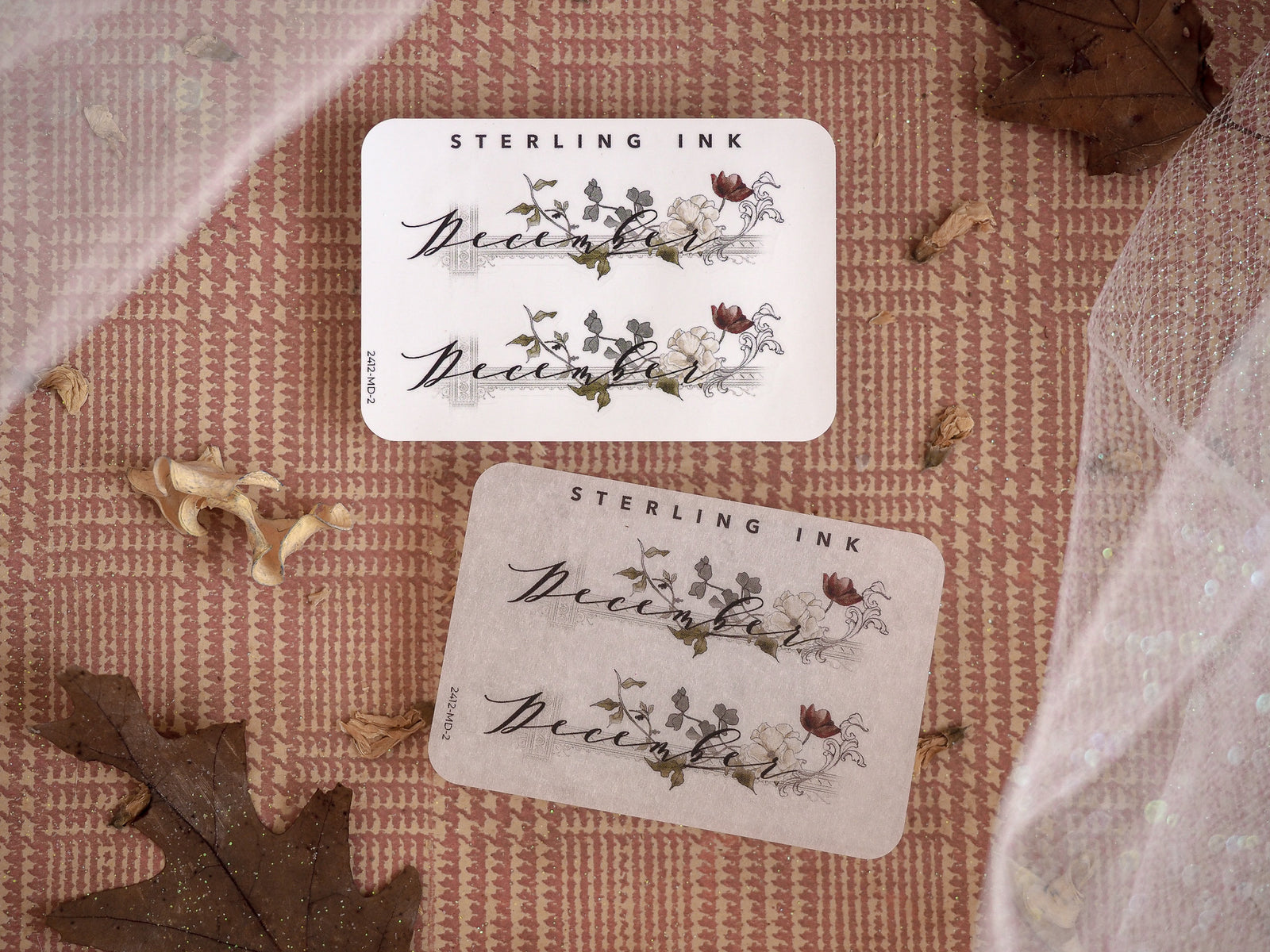 Vintage botanical sticker set featuring "December" surrounded by delicate, rustic sepia-toned sketches of greenery and blooming florals.