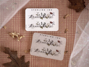 Vintage botanical sticker set featuring "December" surrounded by delicate, rustic sepia-toned sketches of greenery and blooming florals.