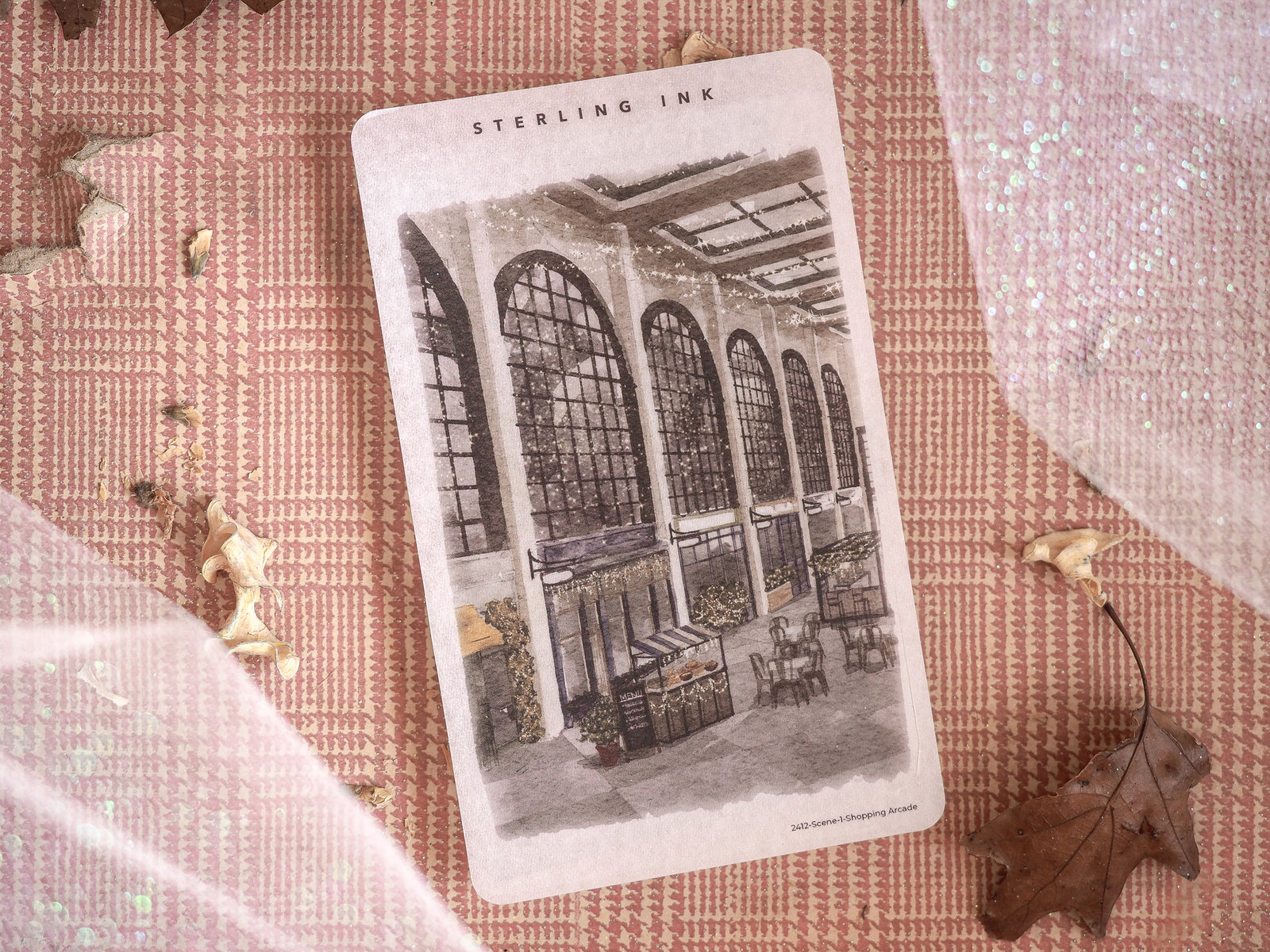 Vintage black and white illustration of a bustling indoor shopping arcade featuring classical architecture and deep-set arched storefront windows.