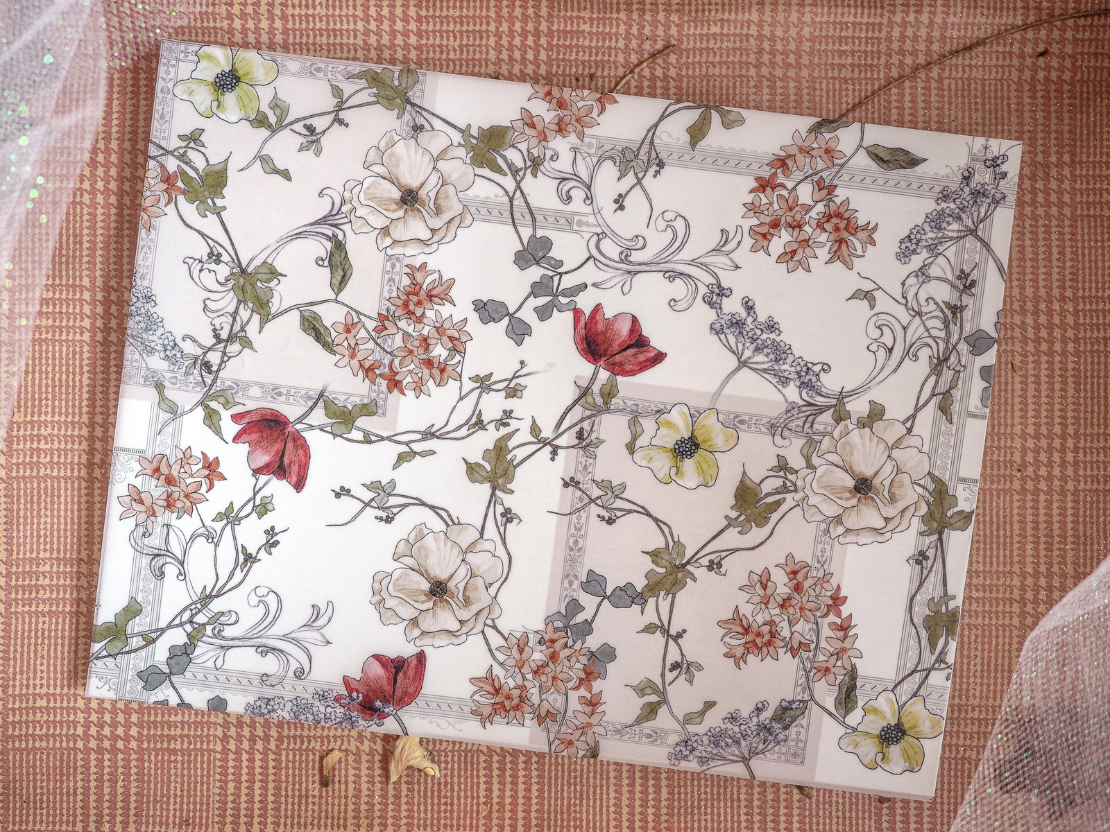 Intricate, vintage botanical print featuring delicate cream and sage florals, autumnal blooms, and flowing vine detailing against a light background.