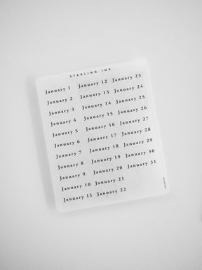 A comprehensive sticker sheet displaying daily date blocks for an entire year, designed for year-at-a-glance planning and scheduling organization.