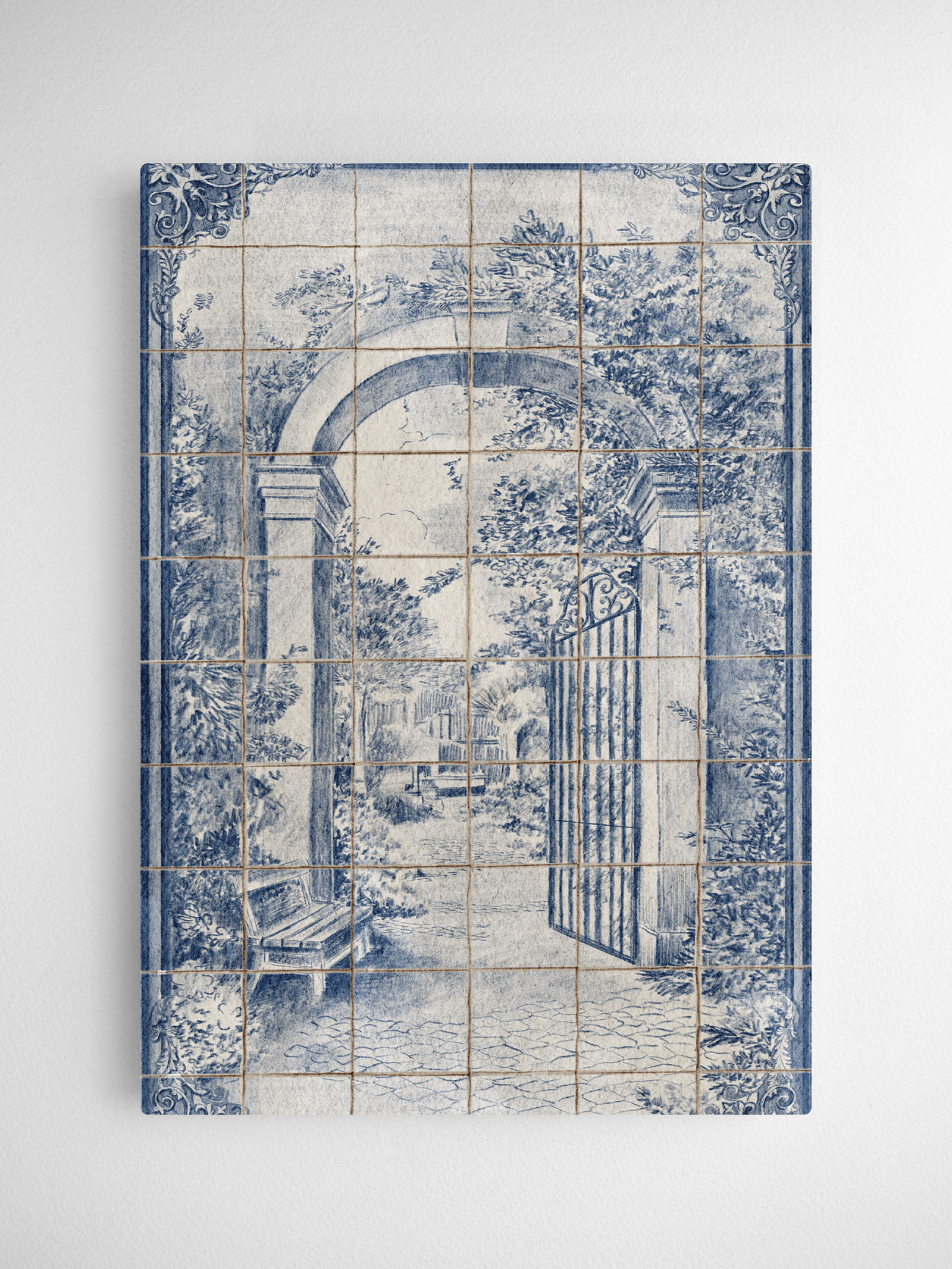 Vintage blue and white tiled calendar card featuring a graceful, arched entrance into a lush, romantic garden courtyard scene.