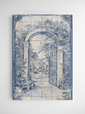 Vintage blue and white tiled calendar card featuring a graceful, arched entrance into a lush, romantic garden courtyard scene.