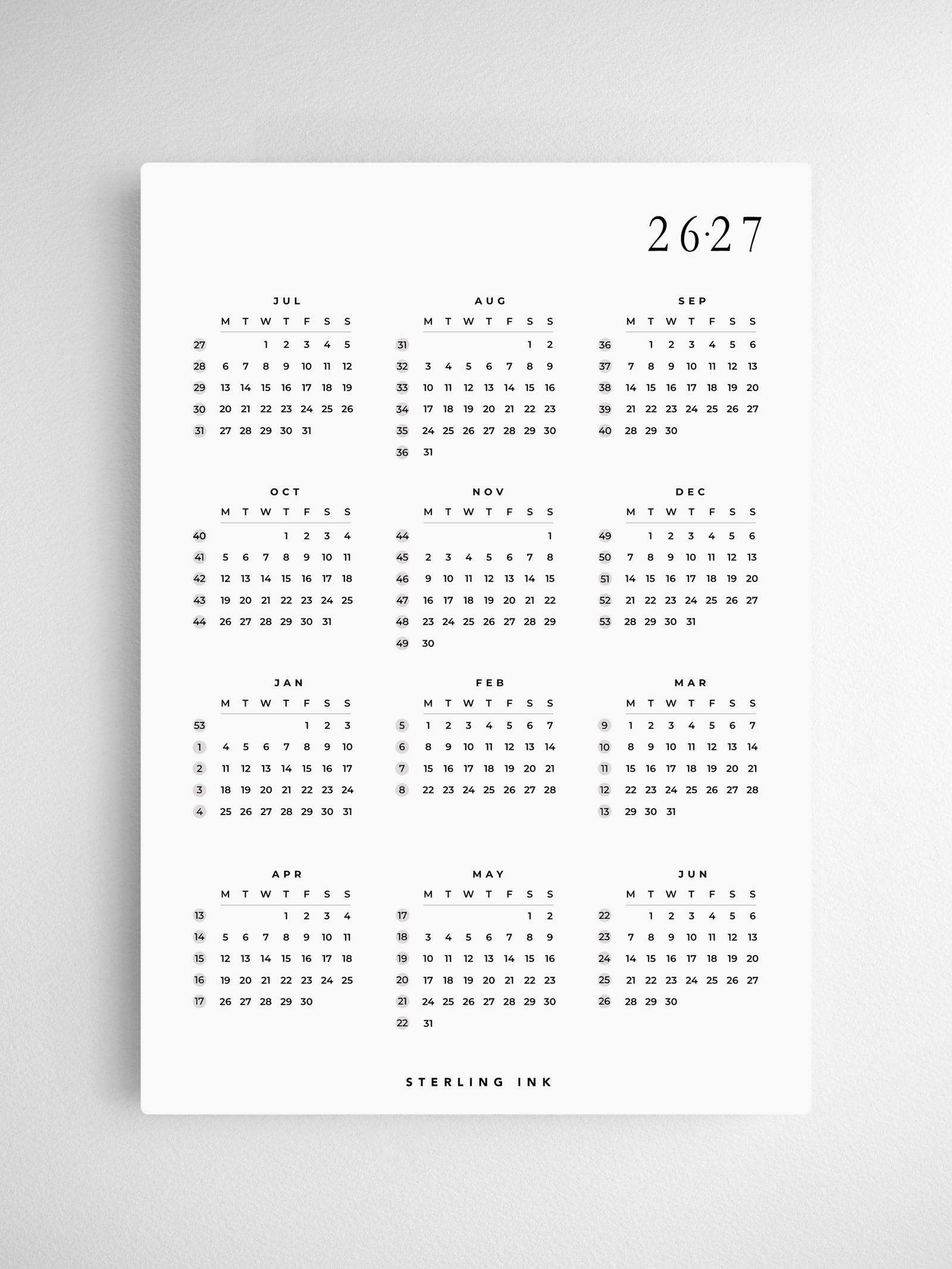 Minimalist B5 calendar grid featuring 12 months for 2026 and 2027, designed in a clean, monochrome, and highly structured planner layout.