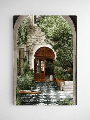 A vintage illustration of a lush, overgrown garden archway featuring stone masonry, a dark wood door, and a checkered tile courtyard.