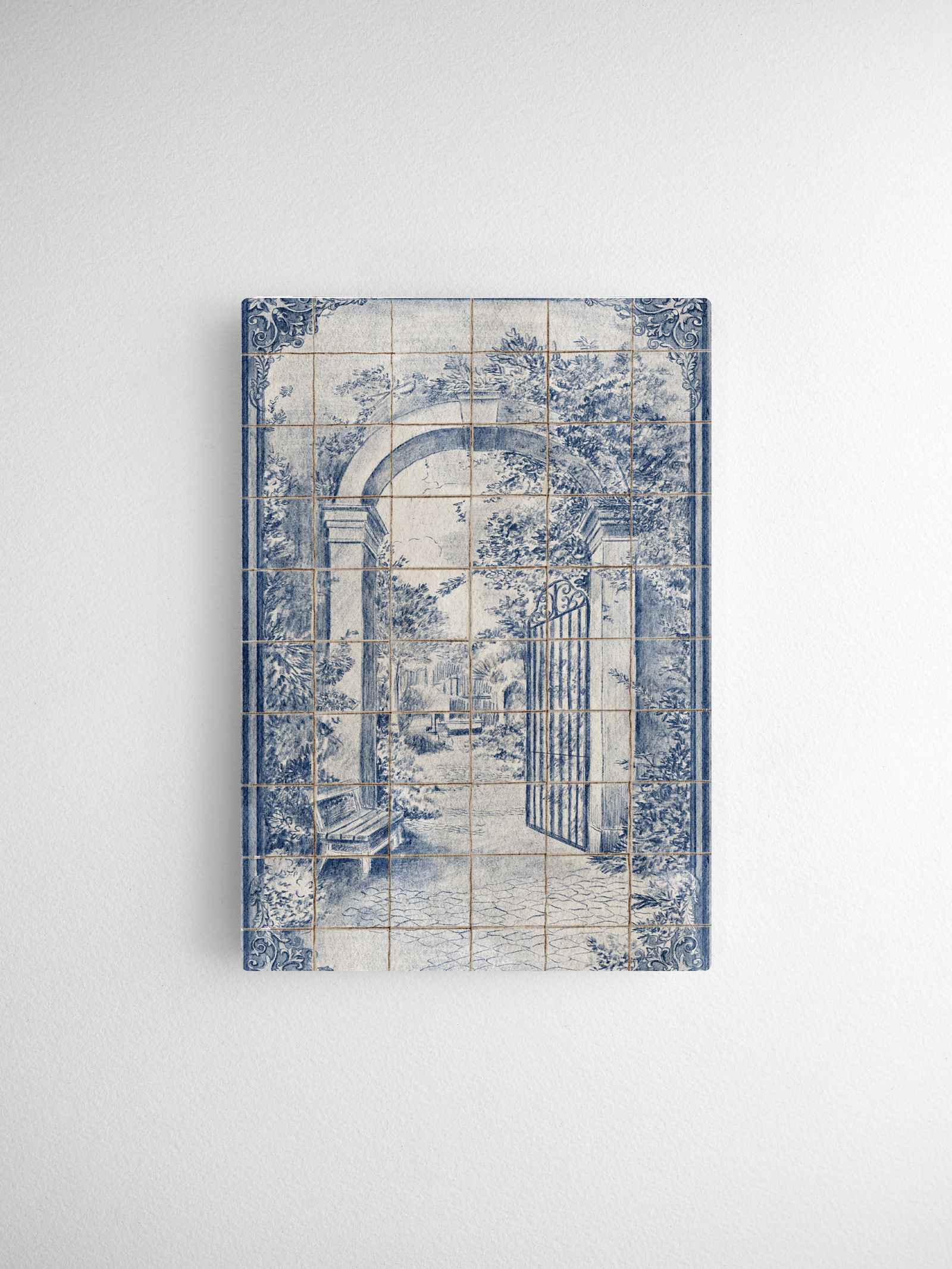Distressed blue and white tile art featuring a central arched gateway and lush, classical garden vista.