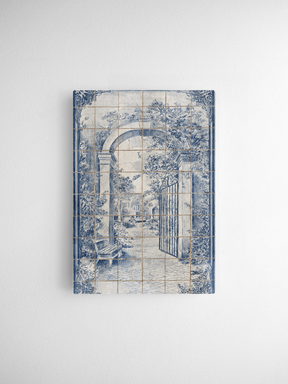 Distressed blue and white tile art featuring a central arched gateway and lush, classical garden vista.