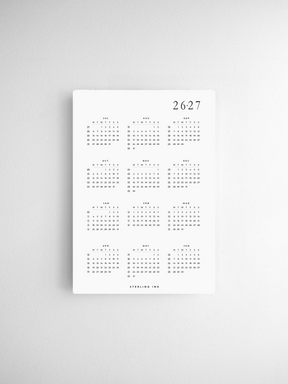 A complete set of twelve minimalist B6 calendar cards for 2026-2027, featuring clean black text and white background monthly spreads for year-long planning.