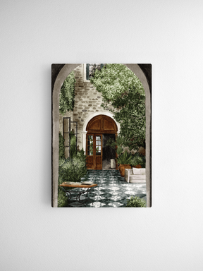 Vintage illustration of a lush Mediterranean courtyard garden with arched stone walkways, vibrant green foliage, and a detailed wooden doorway.