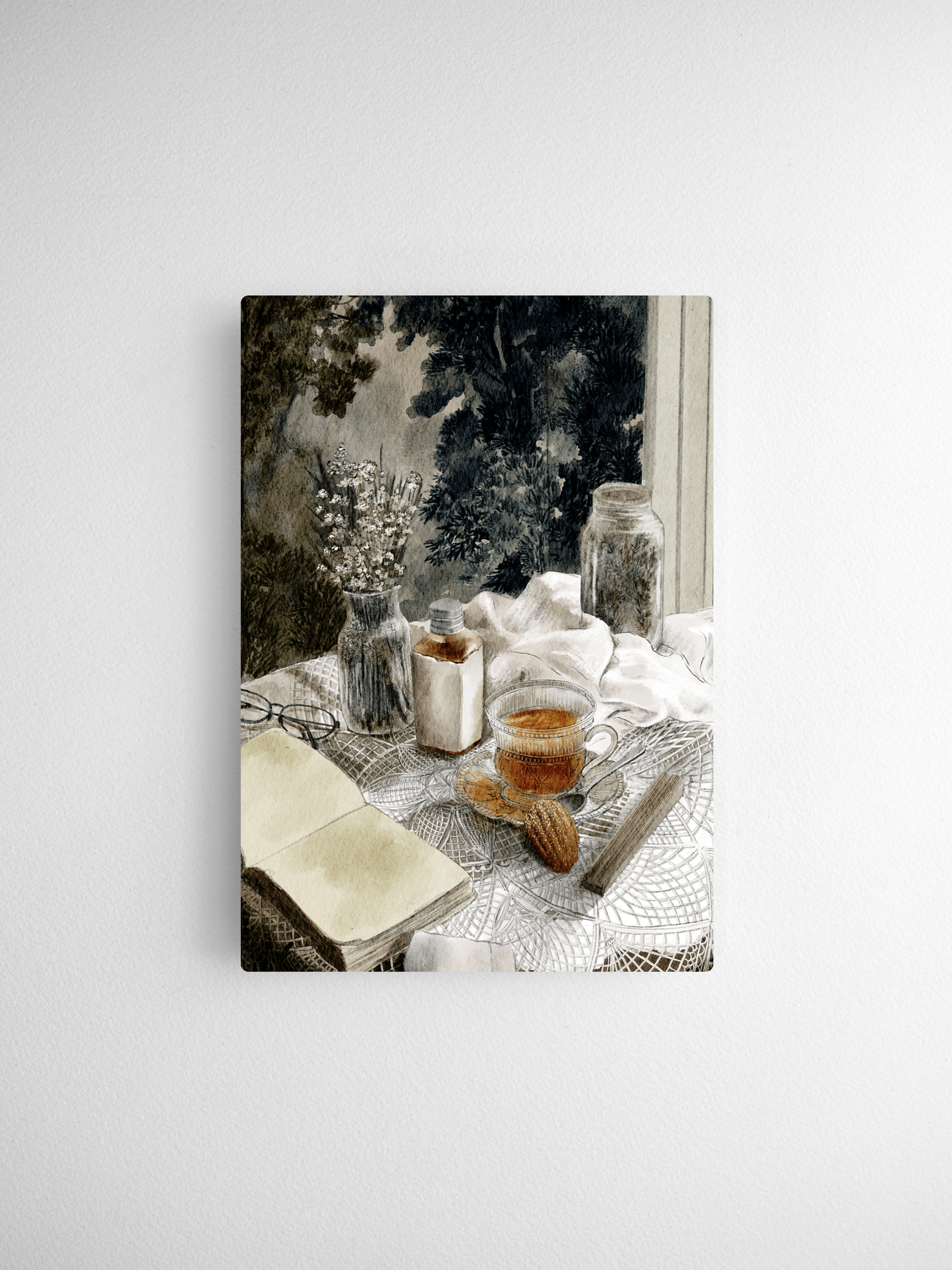 Watercolor calendar design featuring a rustic still life arrangement of coffee cups, open books, and vintage jars on a patterned table.