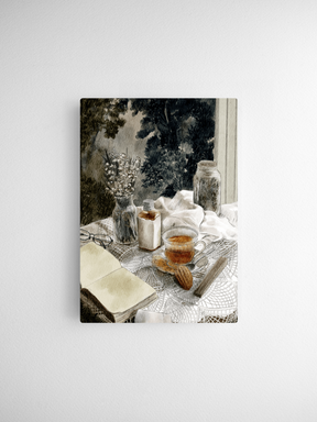 Watercolor calendar design featuring a rustic still life arrangement of coffee cups, open books, and vintage jars on a patterned table.