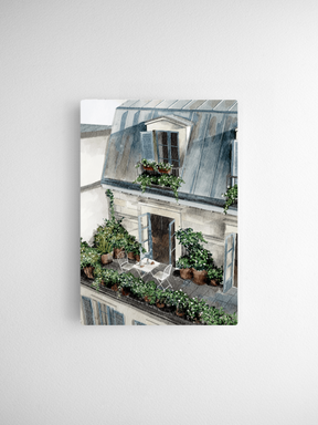 Watercolor illustration of a classic Parisian facade, featuring lush flower-adorned balconies and traditional European architectural details.