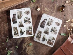 Sticker sheet featuring a collection of detailed architectural mini elements, including windows, doors, potted plants, and rustic icons with a vintage aesthetic.