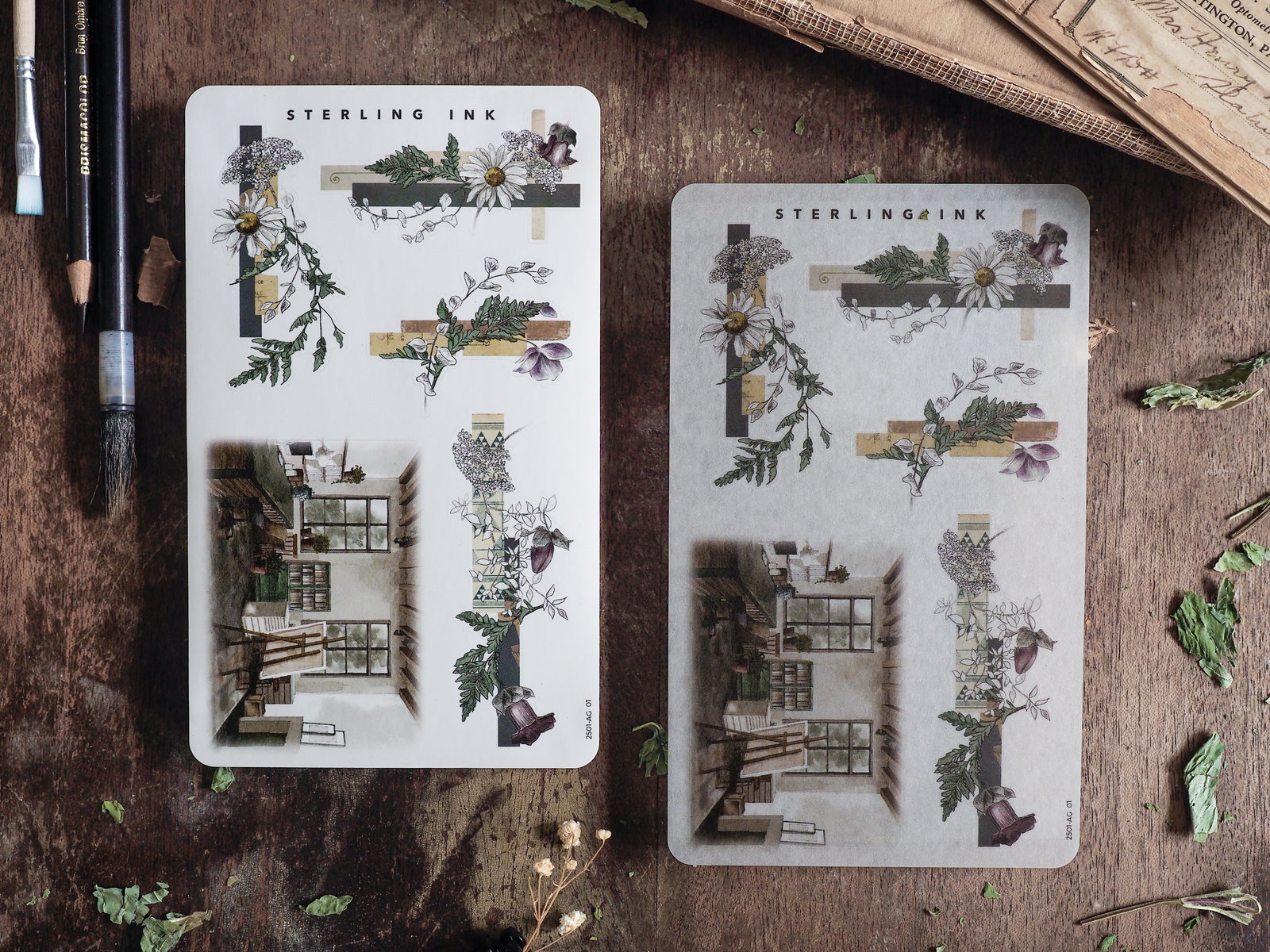 Elegant January 2025 sticker sheets featuring seasonal botanical wreaths, delicate flowers, and charming architectural arrangements on a neutral background.