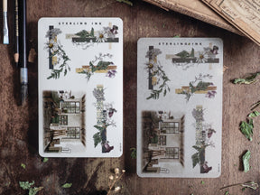 Elegant January 2025 sticker sheets featuring seasonal botanical wreaths, delicate flowers, and charming architectural arrangements on a neutral background.