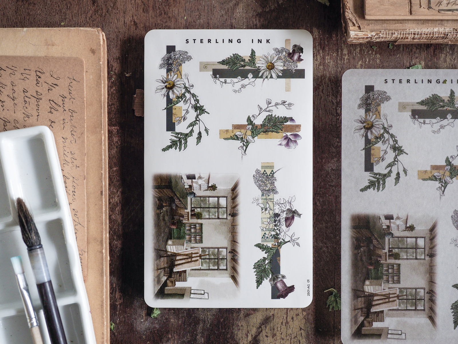 Elegant sticker designs featuring botanical arrangements of pale flowers, delicate greenery, and framed architectural window motifs.