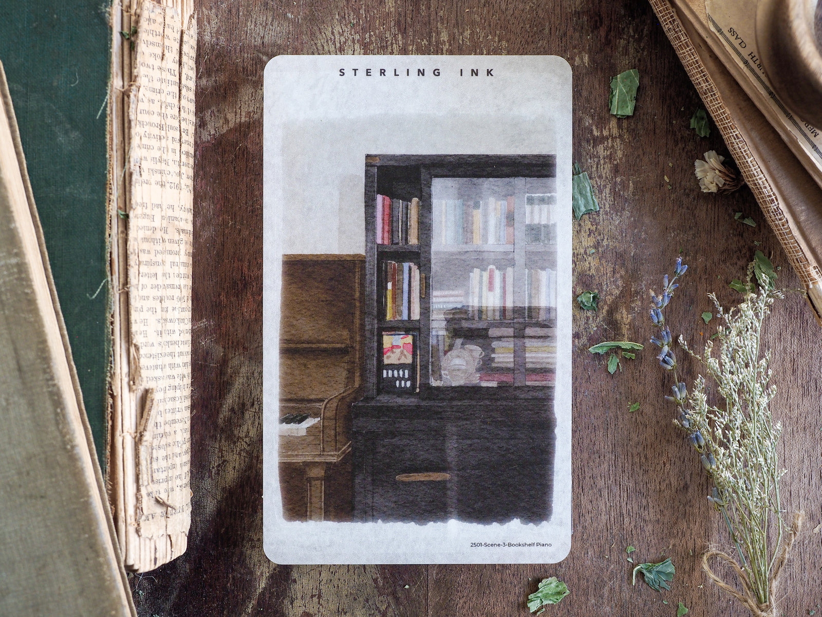 Watercolor illustration of a cozy, scholarly scene featuring a dark wooden bookshelf filled with books and an elegant antique piano.