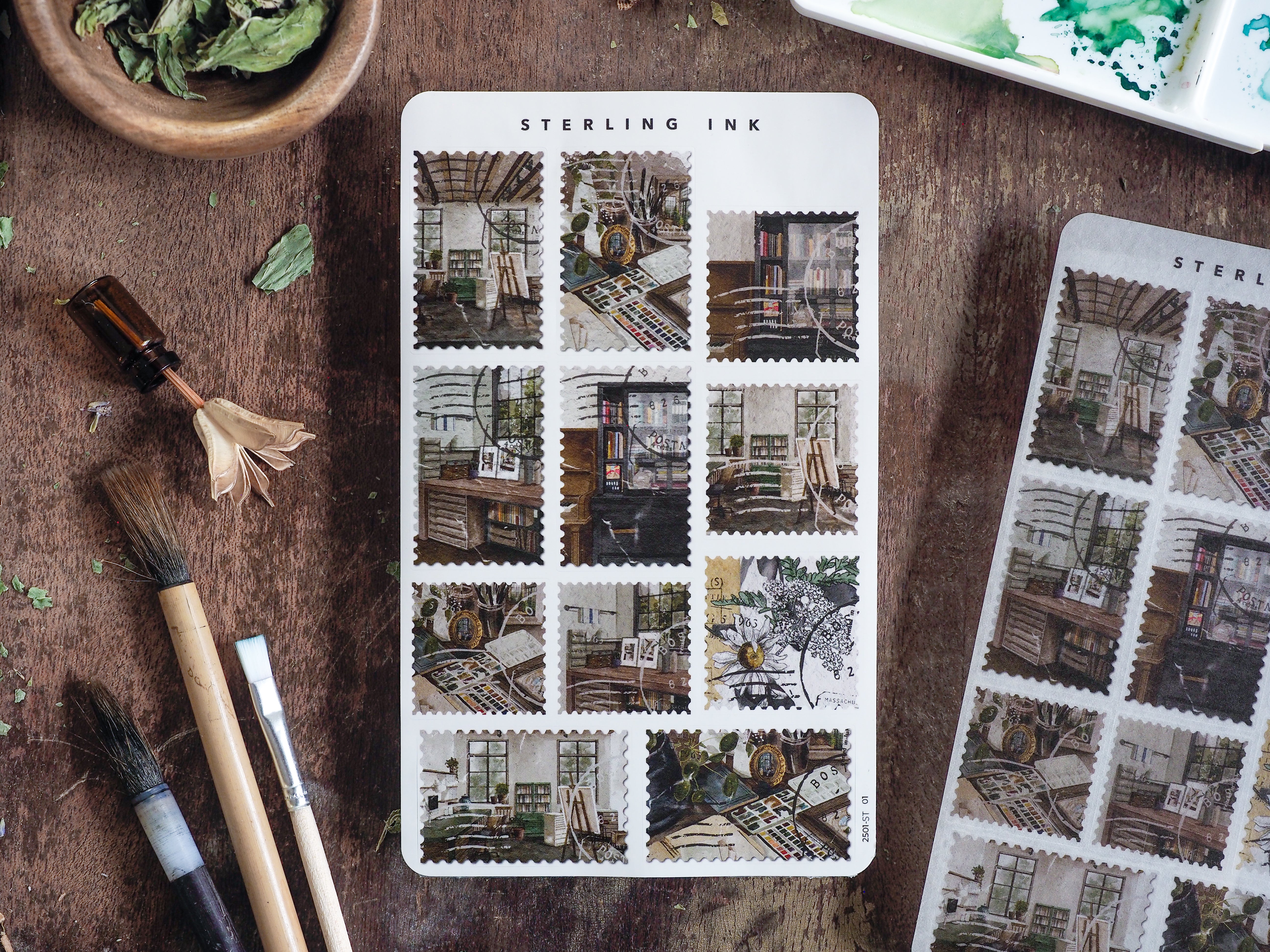 Vintage "Sterling Ink" sticker sheets featuring a grid arrangement of sepia-toned photographs depicting rustic, cluttered, and antique-style workshop or shop interiors.