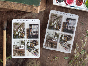 Vintage apothecary cluster sticker sheets featuring an antique interior scene with books, vials, and paint palettes, perfect for scrapbooking and journaling.