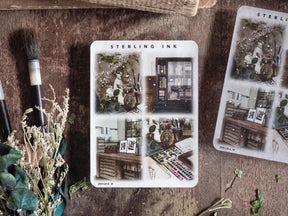 Large illustration sticker sheet featuring vintage and antique-themed artwork of decorative wooden cabinets, stacked objects, and delicate floral accents for scrapbooking.