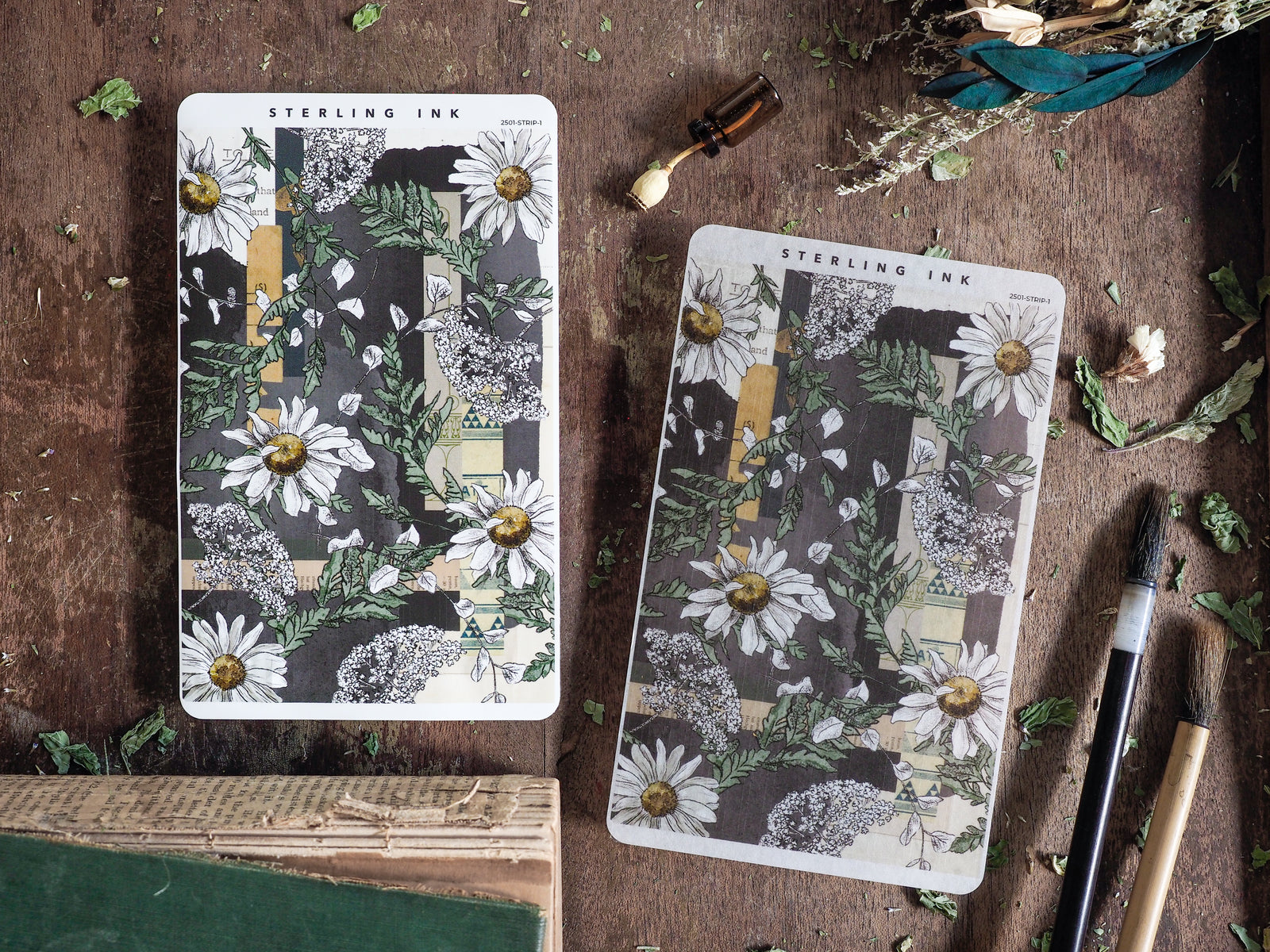 Two floral sticker sheets featuring a botanical pattern of white and yellow dandelions surrounded by abundant dark green foliage.