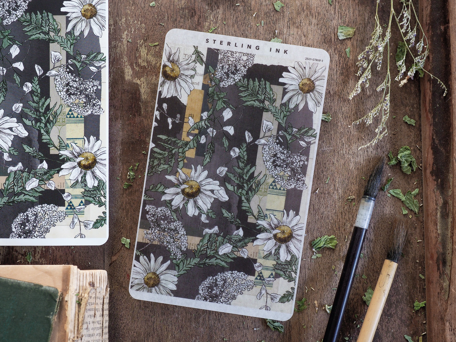 Decorative January 2025 stickers featuring a repeating pattern of lush white daisies, dark green foliage, and floral botanicals on a deep, textured background.