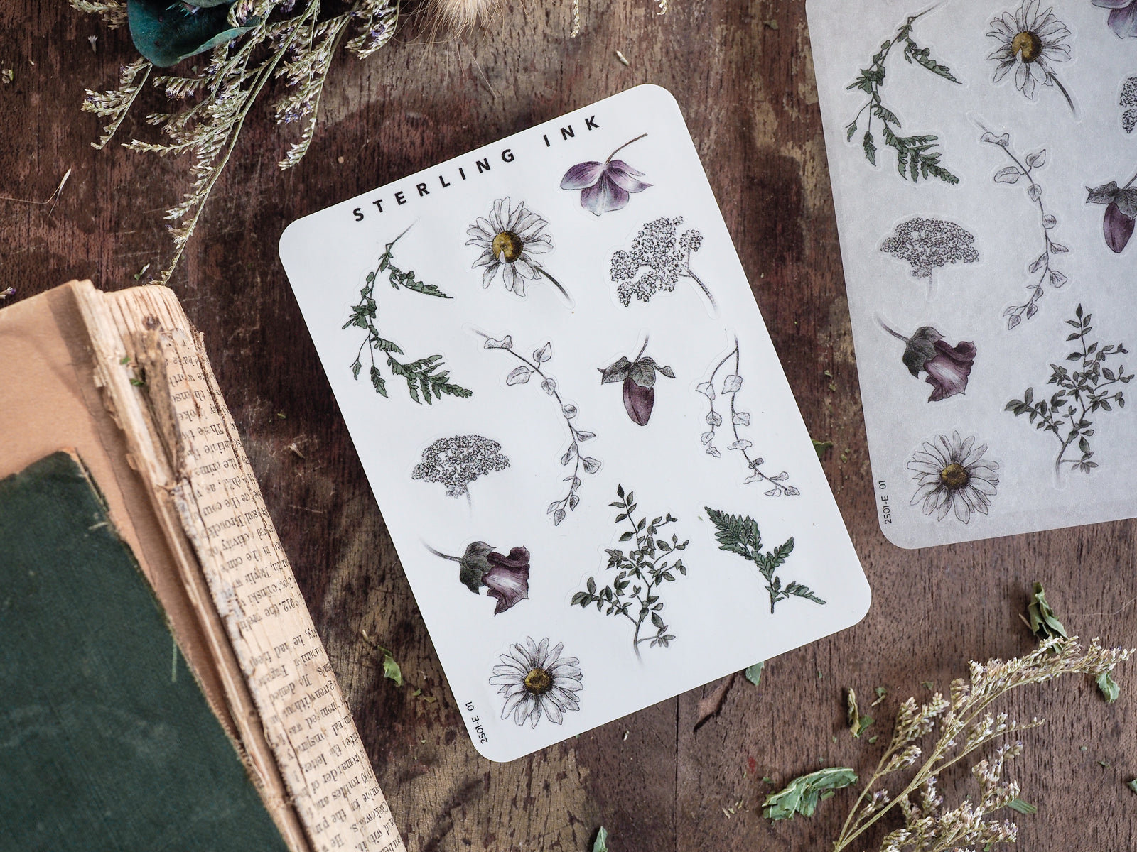 Detailed 'Elements Stickers' sheet featuring black-and-white vintage botanical illustrations of various flowers, foliage, and leaves for January 2025 planning.