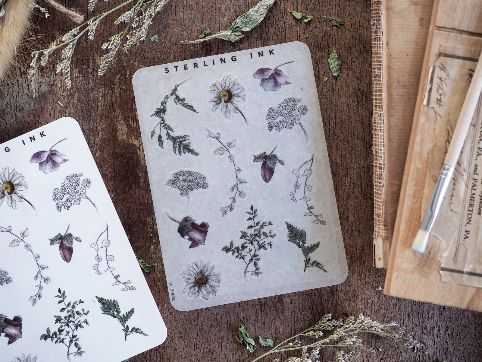 Set of elegant botanical sticker sheets featuring detailed black and white illustrations of flowers, leaves, and natural elements for journaling and crafting.