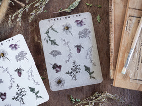 Set of elegant botanical sticker sheets featuring detailed black and white illustrations of flowers, leaves, and natural elements for journaling and crafting.