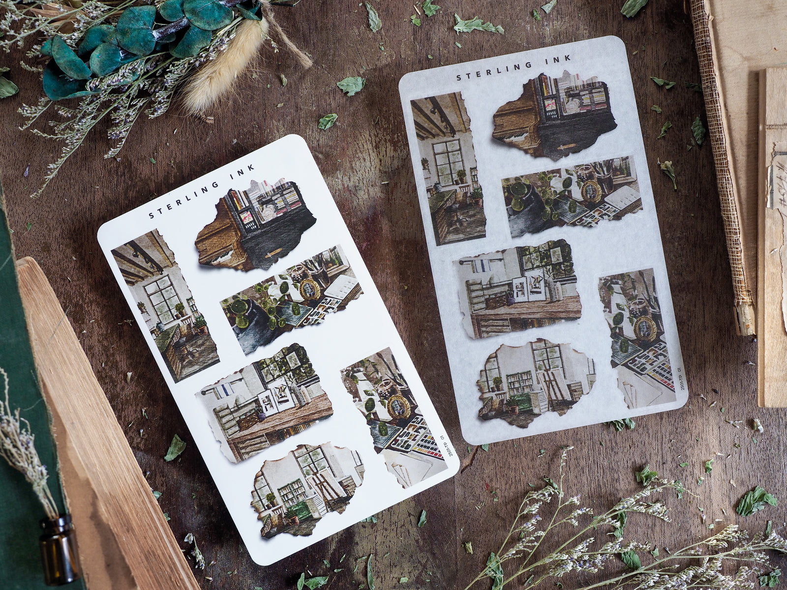 Collection of torn paper stickers featuring vintage architectural collages of blueprints, streets, and detailed house interiors for journaling and scrapbooking.