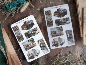 Collection of torn paper stickers featuring vintage architectural collages of blueprints, streets, and detailed house interiors for journaling and scrapbooking.